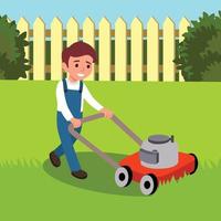 Vector illustration of a boy cutting grass with lawn mower isolated on white background. Cute kid doing garden work. Spring gardening activity picture with funny character