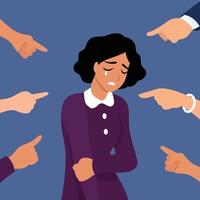 Victim women. Depressed girl in shame and hands with pointing finger. Guilty, ashamed female and blame in society vector concept. Woman frustrated, bullying employee illustration