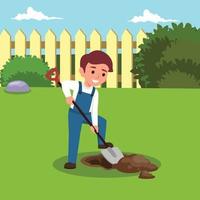 ute little boy digging hole with shovel vector cartoon illustration at his backyard