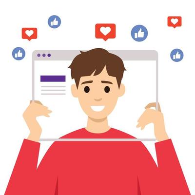 Illustration vector cartoon flat style of emoticon set on social media holding post screen of social media and young businessman is using megaphone for call love,like,follow as digital market