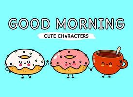 Cute, funny happy cup of coffee and donuts character. Vector hand drawn cartoon kawaii characters, illustration icon. Funny cartoon cup of coffee and donuts friends concept