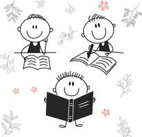 Traditional vector illustration of a child with a big smile, child character reading a book