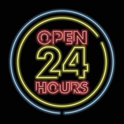 24h illustration. Open 24h icon. Open Twenty-four hours vector neon sign.
