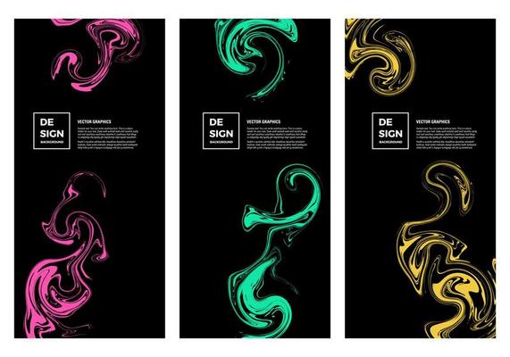 Black background with colored abstract ink. Vector set for flyers, posters, banners, invitations and more