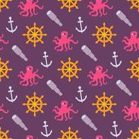 Octopus pirate with telescope, anchor and steering wheel of the ship on dark background, vector seamless pattern