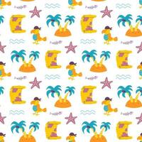 Vector seamless pattern with pirate parrot, an island, treasure map on white background