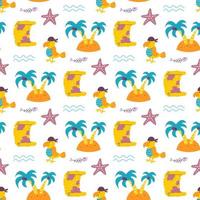 Vector seamless pattern with pirate parrot, an island, treasure map on white background