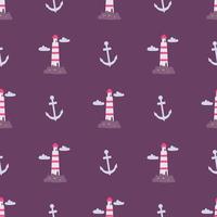 Lighthouse with anchor on dark background, vector seamless pattern