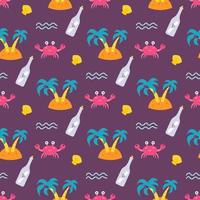 An island with palm trees and crab on dark background, vector seamless pattern