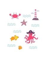 divertido estampado pirata para niños. pulpo con cangrejo, pescado y faro en el mar en estilo plano dibujado a mano. diseño para el diseño de postales, carteles, invitaciones y textiles vector