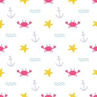 Cute crab with starfish and anchor on white background, vector seamless pattern