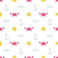 Cute crab with starfish and anchor on white background, vector seamless pattern