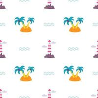 An island with palm trees and lighthouse on white background, vector seamless pattern