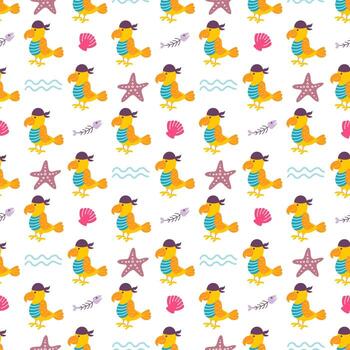 loro marinero en bandana con estrella de mar y concha sobre fondo blanco, patrón vectorial sin costuras vector