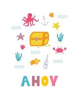 divertido estampado pirata para niños. un cofre del tesoro, habitantes del mar, con letras a mano en estilo plano dibujado a mano. diseño para el diseño de postales, carteles, invitaciones y textiles vector