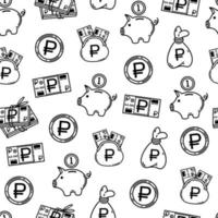 Russian ruble seamless vector pattern. Banknotes, coins, money bag, piggy bank, bills in wallet, bank tickets. Black and white elements isolated on white background. Monochrome outline