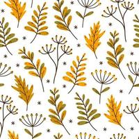 Bright autumn herbs and branches seamless vector pattern. Hand drawn sketch of wild forest plants. Field twigs with yellow leaves, berries. Flat cartoon backdrop. Fall botanical illustration