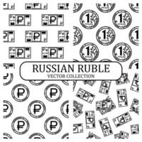 Russian ruble seamless vector patterns collection. Coins, tokens, banknotes, bills, bank tickets. Money monochrome outline. Currency symbol, black and white backdrops set. Business and finance