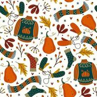 Autumn seamless vector pattern. Seasonal symbols - knitted sweater, warm socks, gloves, scarf, pumpkin, fall leaves. Flat cartoon elements on white background. Backdrop for decoration, design