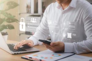 cybersecurity concept Global network security technology, business people protect personal information. Encryption with a key icon on the virtual interface. photo