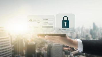 Cybersecurity internet and networking concept. Close up of hand holding smartphone information security and encryption, secure access to user's personal information, secure Internet access. photo