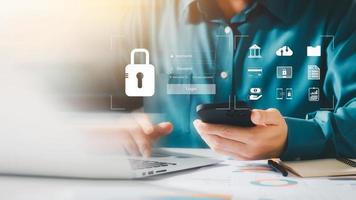 cybersecurity concept Global network security technology, business people protect personal information. Encryption with a key icon on the virtual interface. photo