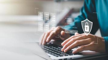 cybersecurity concept Global network security technology, business people protect personal information. Encryption with a padlock icon on the virtual interface. photo
