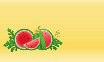 banner de sandía y rebanadas jugosas, diseño plano de hojas verdes e ilustración de flor de sandía, concepto de fruta fresca y jugosa de comida de verano. vector