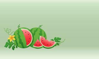 banner de sandía y rebanadas jugosas, diseño plano de hojas verdes e ilustración de flor de sandía, concepto de fruta fresca y jugosa de comida de verano. vector