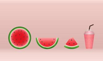 banner de sandía y rebanadas jugosas, diseño plano de hojas verdes e ilustración de flor de sandía, concepto de fruta fresca y jugosa de comida de verano. vector