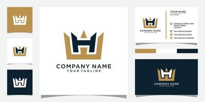 logotipo hw o wh con vector de icono de corona y tarjeta de visita.