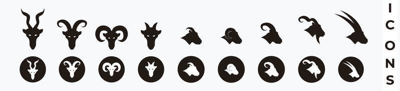 cabra, oveja, cordero, conjunto de iconos de cabeza de cabra de cuerno grande. silueta, cabeza, cabra, aislado, blanco vector