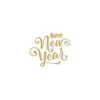 Happy New Year gold lettering text for greeting card. Holiday luxury golden design on black background. vector