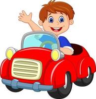 Cartoon boy driving red car vector