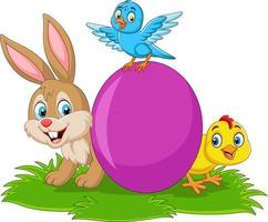 Cartoon rabbit with baby chick, bluebird and egg on the grass vector