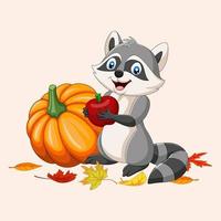 Cartoon raccoon holding red apple and pumpkin vector