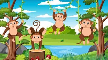 Monkey group in the forest background vector