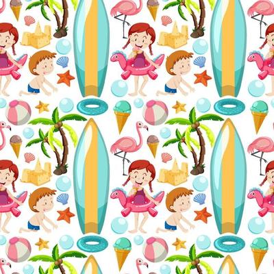 Children and summer objects seamless pattern