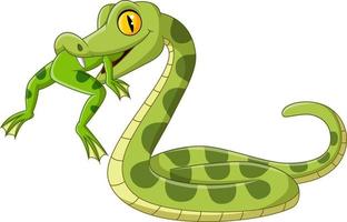 serpiente verde de dibujos animados comiendo una rana vector