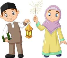 Happy Muslim kids with Quran Book and Ramadan Lantern vector