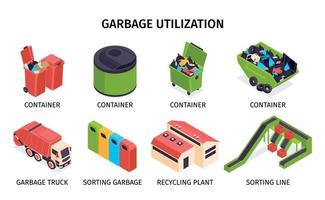 Isometric Colored Garbage Recycling Icon Set vector