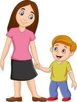 madre de dibujos animados sosteniendo la mano de su hijo