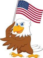 Eagle cartoon holding American flag vector