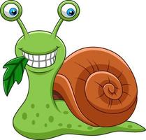Cartoon funny snail eating a leaf vector