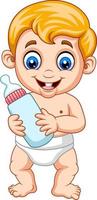 Cartoon baby boy holding bottle milk vector