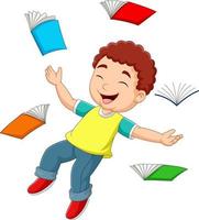 niño pequeño de dibujos animados volando rodeado de libros vector