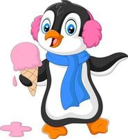 Cartoon penguin with earmuffs and scarf eats an ice cream vector