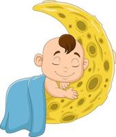 Cartoon baby boy sleeping on the moon vector