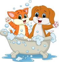 gato y perro bañándose vector