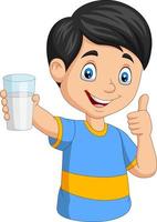 Cartoon little boy with a glass of milk giving thumb up vector